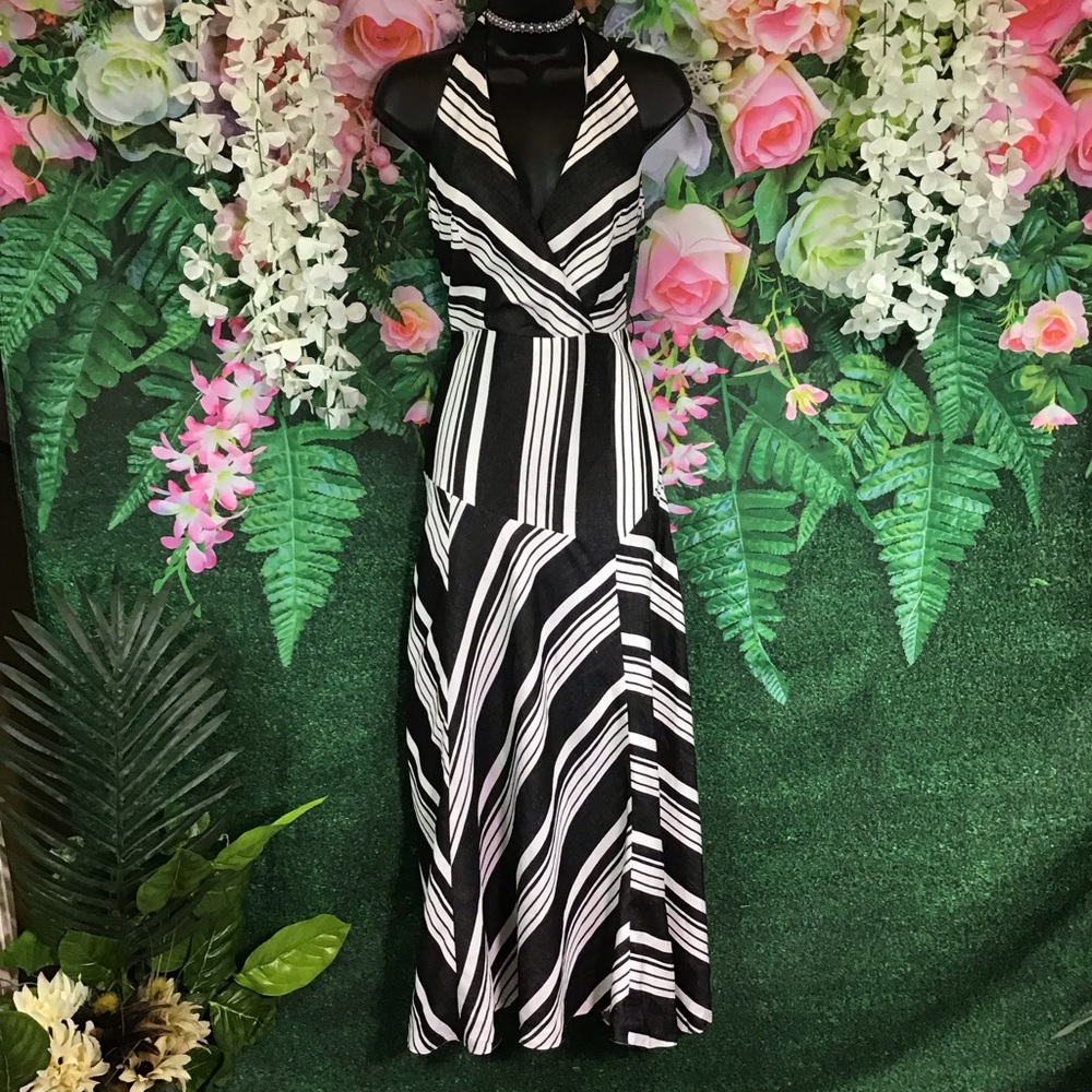 Black and white striped halter dress